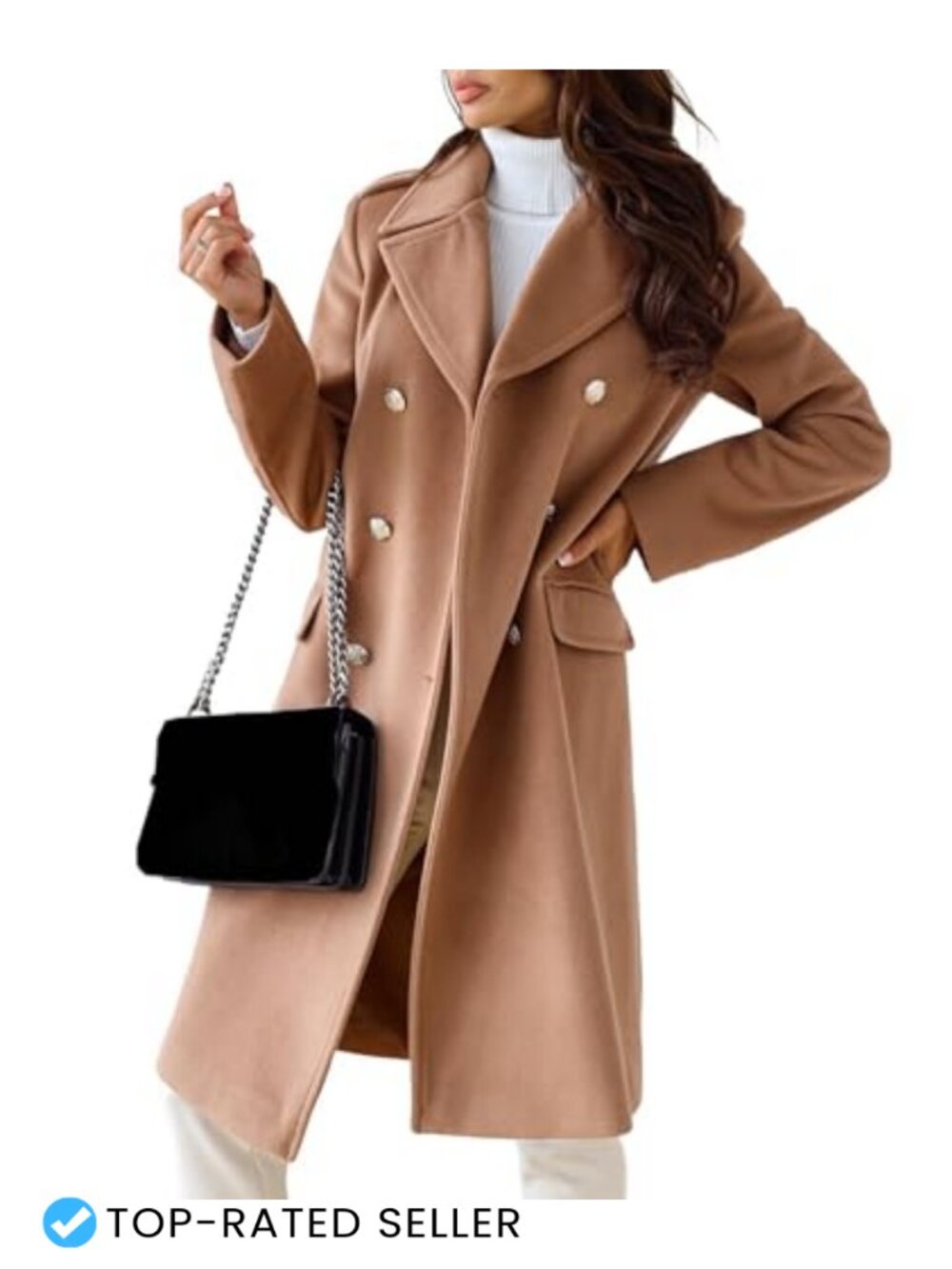 Women's Double Breasted Pea Coat Long Sleeve Wool Blend Winter Trench Jacket